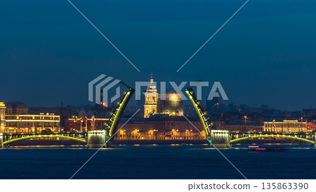 Night view of spit of Vasilyevsky Island and opened Birzhevoy Bridge with rostral column timelapse, Saint Petersburg, Russia. Night view of spit of Vasilyevsky Island and opened Birzhevoy Bridge with rostral column timelapse, Saint Petersburg, Russia. 135863390