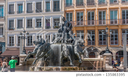 Hyperlapse of the Bartholdi Fountain, a symbol of Lyon, located on Place des Terreaux near City Hall. France 135863395