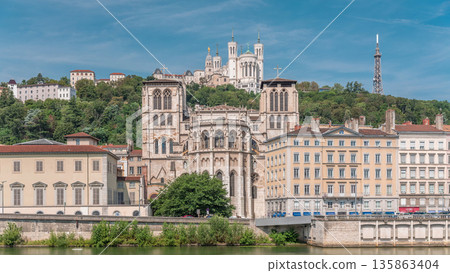 Hyperlapse of Saint John the Baptist Cathedral and Basilica of Notre-Dame de Fourviere in Lyon. France Hyperlapse of Saint John the Baptist Cathedral and Basilica of Notre-Dame de Fourviere in Lyon. France 135863404