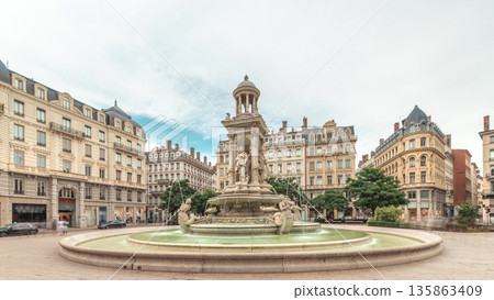 Hyperlapse of Place des Jacobins in Lyon, France, featuring the ornate Fontaine des Jacobins surrounded by historic buildings. Hyperlapse of Place des Jacobins in Lyon, France, featuring the ornate Fontaine des Jacobins surrounded by historic buildings. 135863409