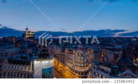 Panoramic aerial view of Gran Via day to night timelapse, Skyline Old Town Cityscape, Metropolis Building, capital of Spain 135863452
