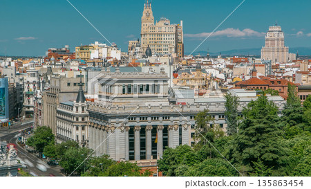 Aerial view from Cibeles Palac to Telefonica Building in Madrid timelapse Aerial view from Cibeles Palac to Telefonica Building in Madrid timelapse 135863454