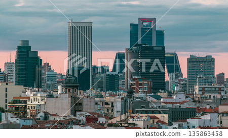 Madrid Skyline at sunset timelapse with some emblematic buildings such as Kio Towers Madrid Skyline at sunset timelapse with some emblematic buildings such as Kio Towers 135863458
