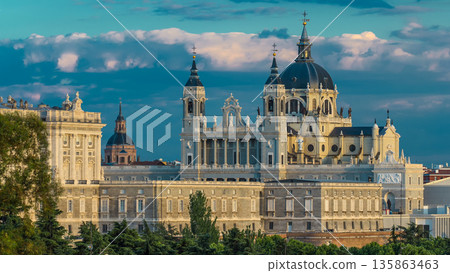 Madrid, Spain skyline timelapse at Santa Maria la Real de La Almudena Cathedral and the Royal Palace. Madrid, Spain skyline timelapse at Santa Maria la Real de La Almudena Cathedral and the Royal Palace. 135863463