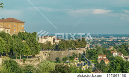 View of medieval Upper Bergamo timelapse - beautiful medieval town in north Italy 135863468