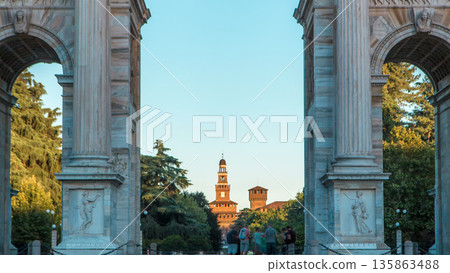 Arch of Peace in Simplon Square timelapse at sunset. It is a neoclassical triumph arch Arch of Peace in Simplon Square timelapse at sunset. It is a neoclassical triumph arch 135863488