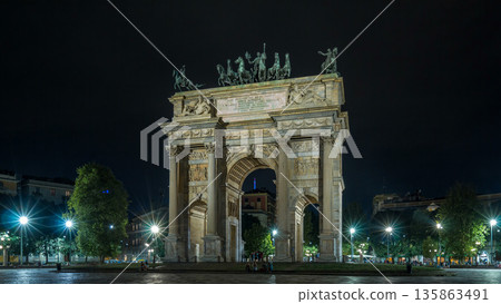 Arch of Peace in Simplon Square timelapse hyperlapse at night. It is a neoclassical triumph arch Arch of Peace in Simplon Square timelapse hyperlapse at night. It is a neoclassical triumph arch 135863491