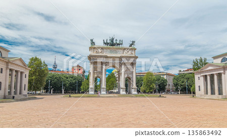 Arch of Peace in Simplon Square timelapse hyperlapse. It is a neoclassical triumph arch Arch of Peace in Simplon Square timelapse hyperlapse. It is a neoclassical triumph arch 135863492
