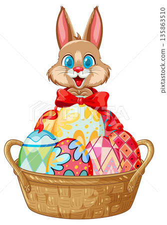 Cartoon Easter Bunny Sitting Behind a Wicker Basket Filled with Colorful Eggs 135863510