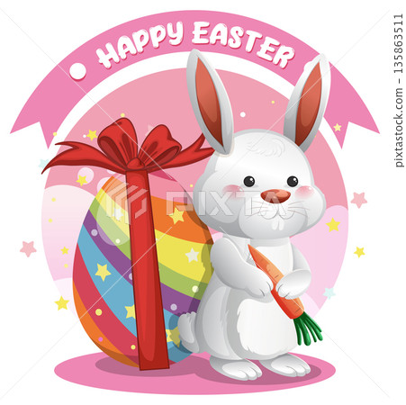 Cute White Easter Bunny Holding Carrot Next to Large Rainbow Egg Cute White Easter Bunny Holding Carrot Next to Large Rainbow Egg 135863511