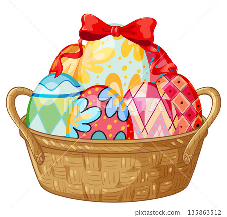 Wicker Basket Filled with Decorated Colorful Easter Eggs and Red Ribbon 135863512