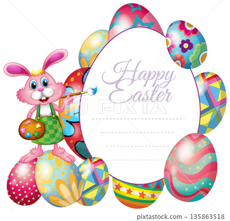 Pink Easter Bunny Artist with Colorful Eggs and Greeting Card Frame 135863518
