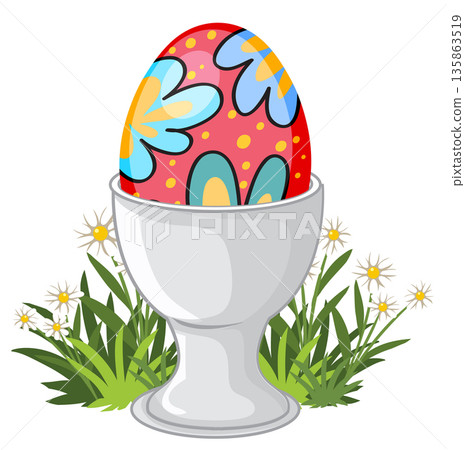 Colorful Patterned Easter Egg in a White Ceramic Egg Cup Colorful Patterned Easter Egg in a White Ceramic Egg Cup 135863519