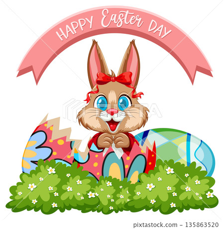 Cute Easter Bunny Popping Out of a Colorful Cracked Egg 135863520