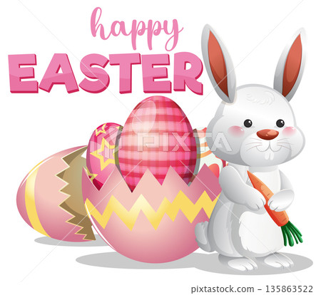 Cute Easter Bunny Holding a Carrot with Colorful Decorated Eggs 135863522