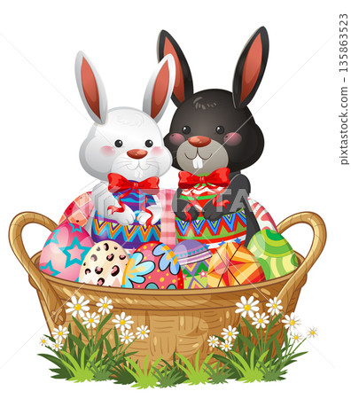 Two Cute Easter Bunnies Sitting in a Wicker Basket with Colorful Eggs 135863523