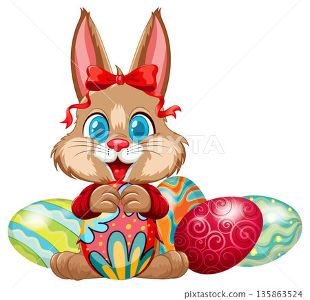 Cute Cartoon Easter Bunny Holding a Colorful Decorated Egg 135863524