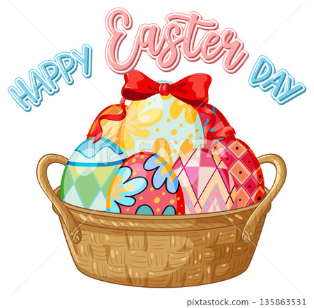 Happy Easter Day Vector Illustration with Colorful Eggs in Wicker Basket 135863531