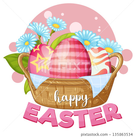 Colorful Decorated Easter Eggs in a Wicker Basket with Flowers Colorful Decorated Easter Eggs in a Wicker Basket with Flowers 135863534