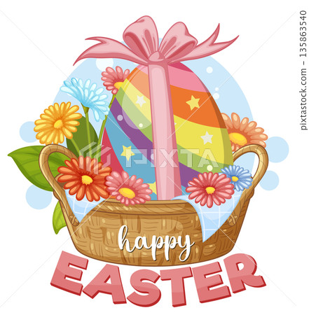 Colorful Easter Egg in Wicker Basket with Spring Flowers Illustration Colorful Easter Egg in Wicker Basket with Spring Flowers Illustration 135863540