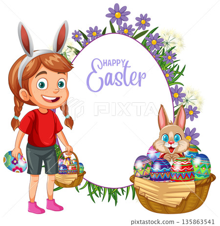 Cartoon Girl with Bunny Ears Holding Easter Egg Basket Near Frame 135863541