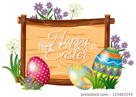 Happy Easter Greeting on Wooden Sign with Colorful Painted Eggs 135863543