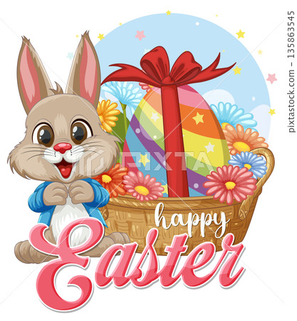 Cute Easter Bunny with Colorful Egg Basket and Spring Flowers Illustration Cute Easter Bunny with Colorful Egg Basket and Spring Flowers Illustration 135863545