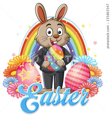 Cartoon Easter Bunny in Suit Holding Colorful Egg with Rainbow Background Cartoon Easter Bunny in Suit Holding Colorful Egg with Rainbow Background 135863547