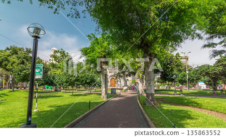 Miraflores central park timelapse hyperlapse Place for relax with green trees and lawn in Peruvian capital. Lima, Peru 135863552