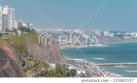 Aerial view of Lima's Coastline in the neighborhood of Miraflores timelapse, Lima, Peru Aerial view of Lima's Coastline in the neighborhood of Miraflores timelapse, Lima, Peru 135863557