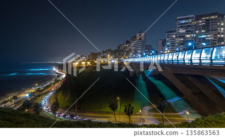 Villena Bridge with traffic and partial City view in the Background night timelapse hyperlapse, Lima, Peru. 135863563