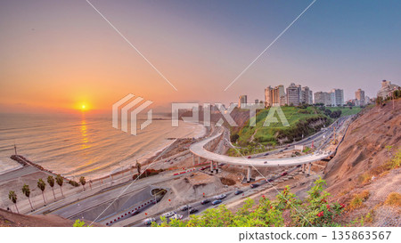 Aerial sunset view of Lima's Coastline in the neighborhood of Miraflores timelapse, Lima, Peru 135863567