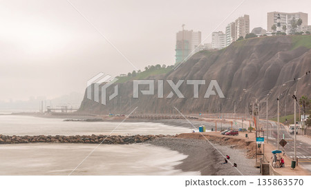 Aerial view of Lima's Coastline in the neighborhood of Miraflores timelapse, Lima, Peru 135863570