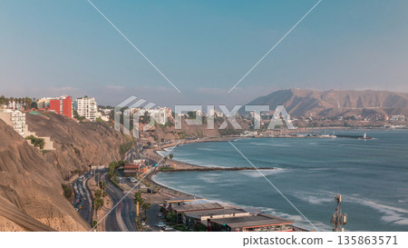 Traffic on Circuito de Playas road in Miraflores district of Lima aerial timelapse 135863571