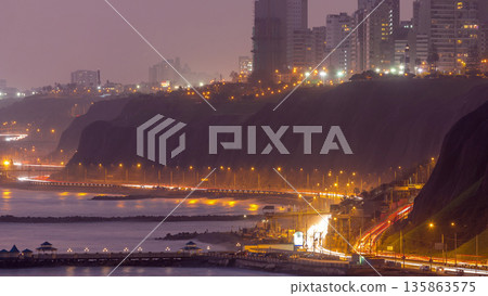 Aerial view of Lima's Coastline in the neighborhood of Miraflores day to night timelapse, Lima, Peru 135863575
