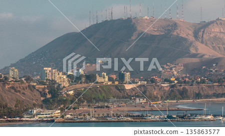 Aerial view of Lima's Coastline with mountain in background timelapse, Lima, Peru. 135863577