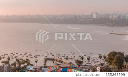 Aerial view of Lima's shoreline with boats including the districts of Barranco and Chorrillos timelapse. Peru 135863599