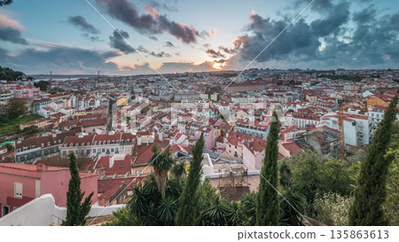 Panorama showing aerial cityscape during sunset from Miradouro da Graca viewpoint in Lisbon city. 135863613