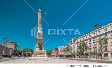 Restauradores Square in Lisbon timelapse hyperlapse. Monument to the Restorers and historical houses around 135863630