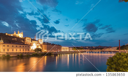 Timelapse of Saint John the Baptist Cathedral and Basilica of Notre-Dame de Fourviere in Lyon, from day to night. France Timelapse of Saint John the Baptist Cathedral and Basilica of Notre-Dame de Fourviere in Lyon, from day to night. France 135863650