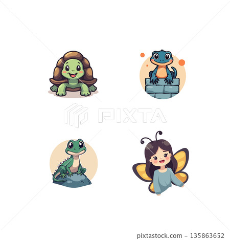Adorable cartoon animal characters including a turtle, lizard, gecko, and butterfly girl. Perfect for children's illustrations. Adorable cartoon animal characters including a turtle, lizard, gecko, and butterfly girl. Perfect for children's illustrations. 135863652