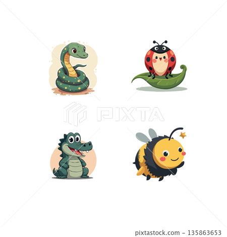 Adorable collection of cartoon animals including a snake, ladybug, crocodile, and bee. Perfect for children's illustrations and designs. 135863653