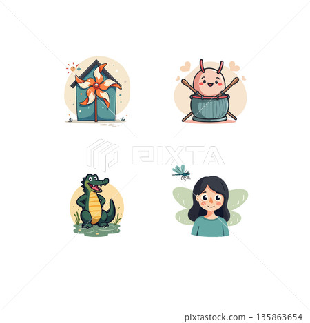 Adorable cartoon characters set illustration. Includes fairy, crocodile, insect, and pinwheel house. Perfect for children's content. Adorable cartoon characters set illustration. Includes fairy, crocodile, insect, and pinwheel house. Perfect for children's content. 135863654