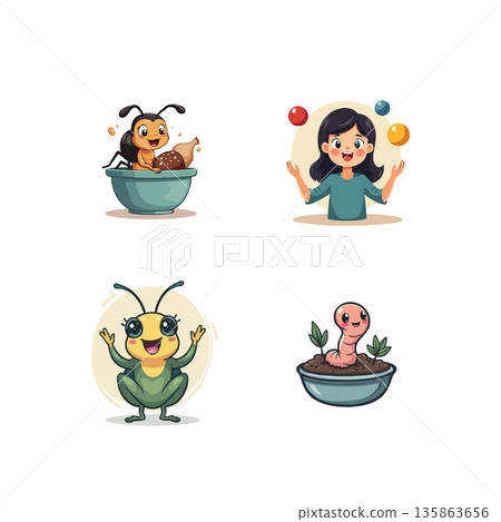 Charming cartoon illustrations featuring adorable insects and a girl juggling, perfect for children's books and educational materials. 135863656
