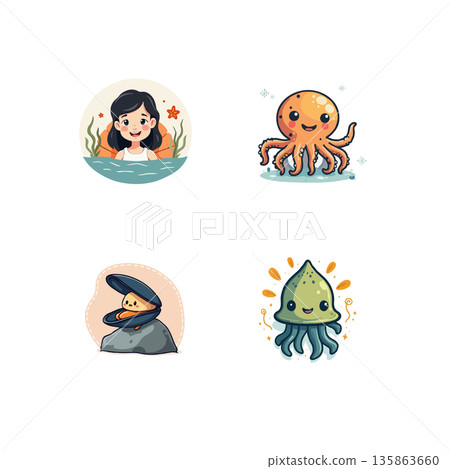 Adorable cartoon set featuring a girl in the sea, an octopus, a pearl in a shell, and a jellyfish. 135863660