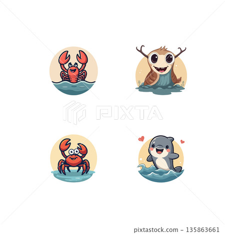 Adorable cartoon set featuring a crab, turtle, dolphin, and hermit crab, perfect for children's illustrations and designs. 135863661