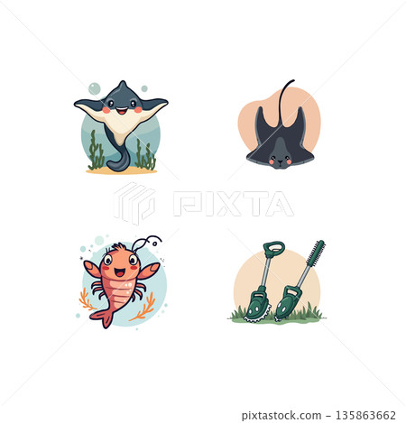 Adorable cartoon illustrations featuring a smiling stingray, shrimp, and gardening tools. Ideal for children's books and educational materials. 135863662