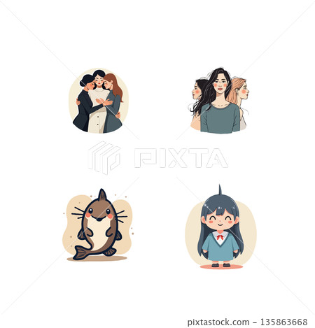 A collection of diverse illustrations featuring women embracing, a multi-faced woman, a smiling catfish, and a charming anime girl. A collection of diverse illustrations featuring women embracing, a multi-faced woman, a smiling catfish, and a charming anime girl. 135863668
