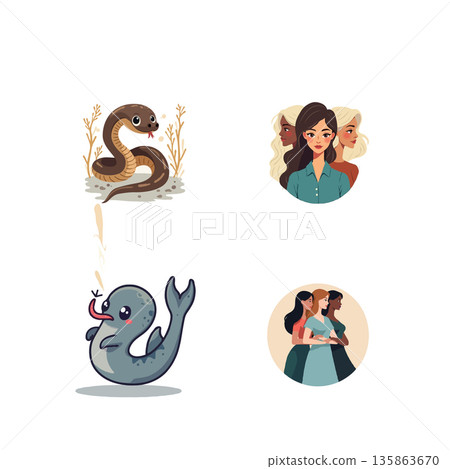 A whimsical illustration featuring diverse women and animal companions, symbolizing unity and friendship in a colorful, vector-style composition. 135863670