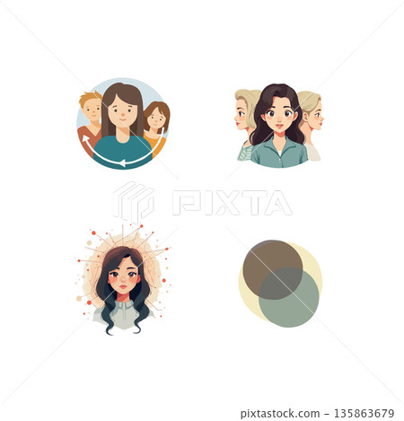 Set of vector icons depicting diverse women, teamwork, individuality, and abstract concepts. Ideal for business and social themes. 135863679